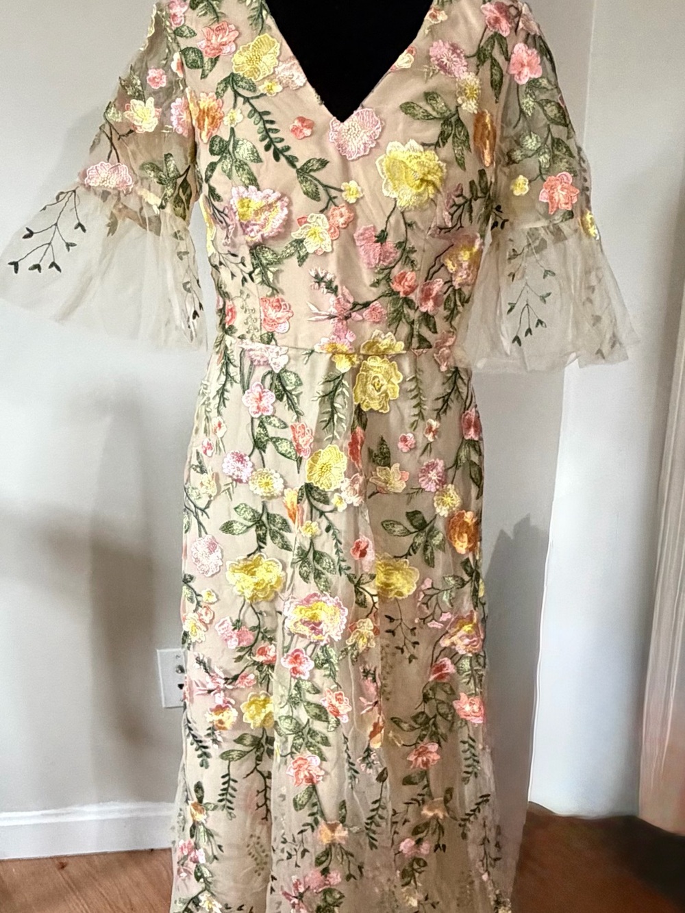 Beige Floral Embroidered V-Neck Maxi Dress